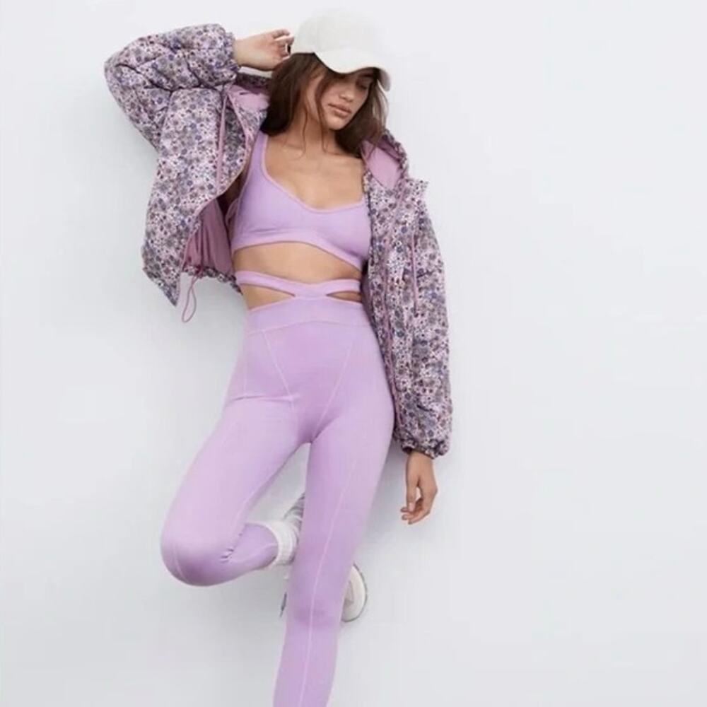 For Love & Lemons Ribbed Leggings Sz S Lilac Double Strap High Waist Balletcore